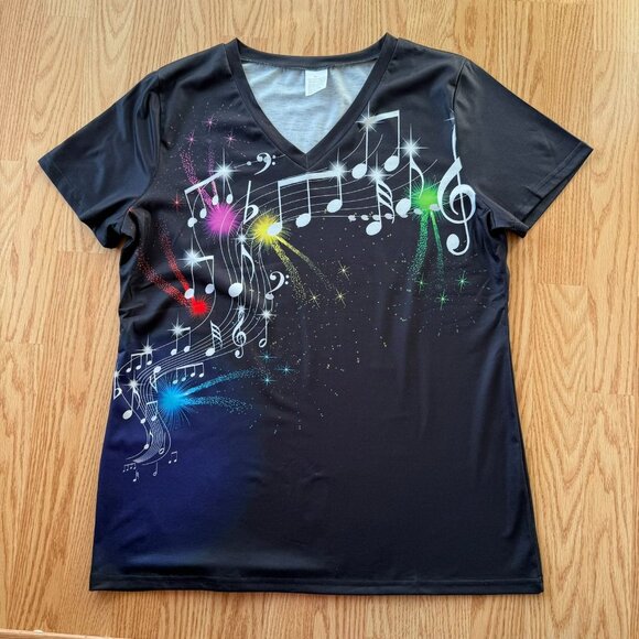 Music Note Graphic Top Size XL Black Short Sleeve Performance Tee V Neck - Picture 9 of 9